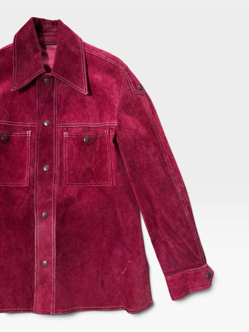 VTG 70s Crimson Red Suede Leather Western Shacket Dagger Collar Jacket Size L